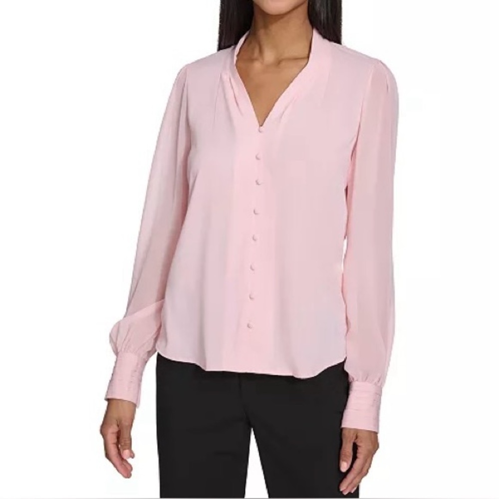 Calvin Klein Women’s Light Pink Pleated-Cuff V-Neck Long Sheer Sleeves Blouse